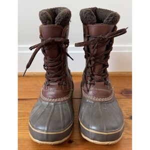 L.L. Bean Men's Snow Boots W/Tumbled Brown Leather Size 10M Felt Faux Fur Insert
